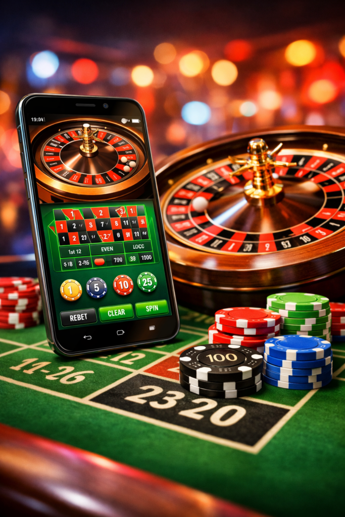 Spinning roulette wheel with chips on the table