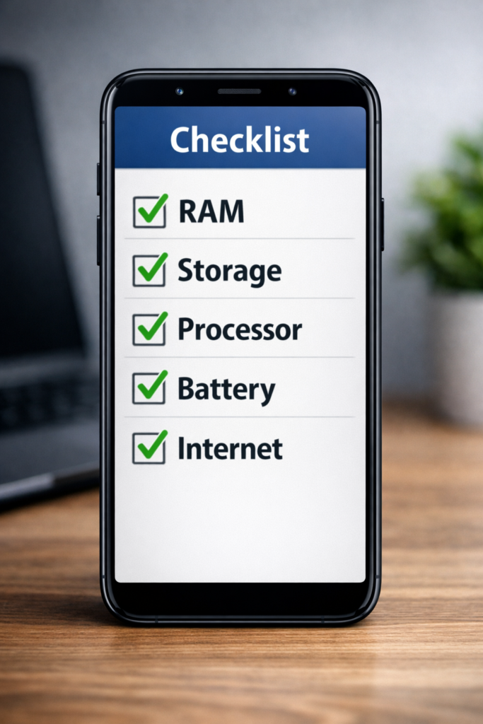 Checklist with RAM, Storage, Processor, Battery, Internet